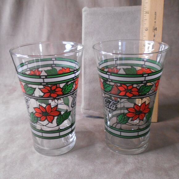Vintage Coca-Cola Holiday Stained Glass Poinsettia Glasses Lot of 2 Tumblers - Picture 5 of 9
